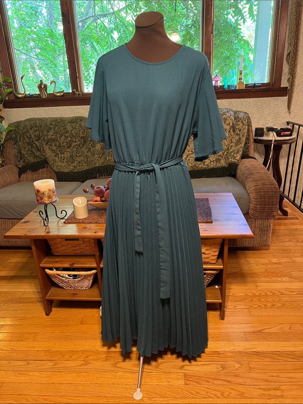 Pleated Midi Dress with Tie Waist - Teal Blue